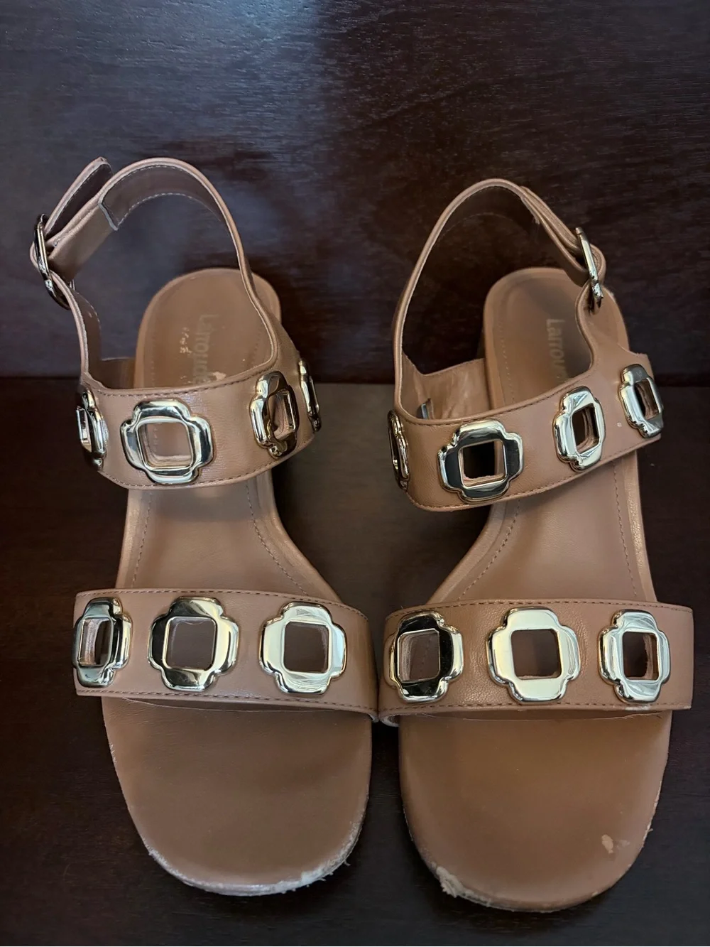 Larroude Tan Leather Slingback Heeled Sandals w/ Gold Geometric Detail -Sz 7.5